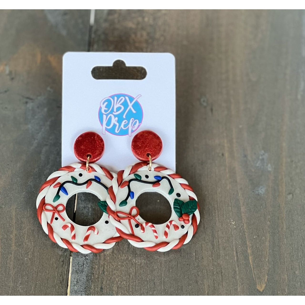 Candy Cane Striped Wreath Polymer Clay Earrings Holly Lights - OBX Prep