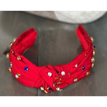 Patriotic Red, White, and Blue Jeweled Top Knot Red Headband 4th of July - OBX Prep