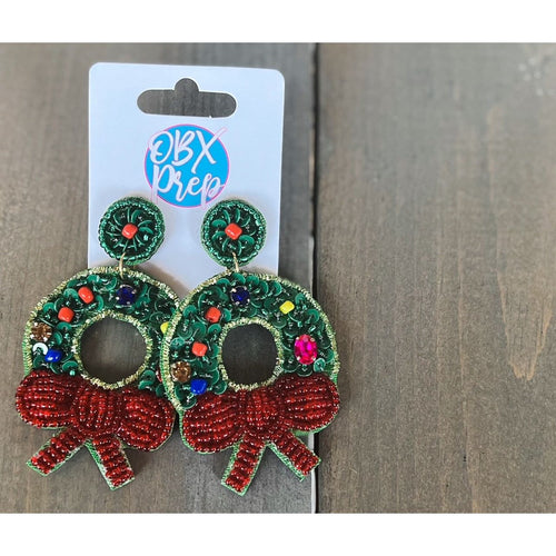 Christmas Wreath Seed Beaded Dangle Earrings - OBX Prep